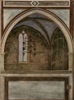 fresque en trompe-l'œil de 1305 représentant un lustre en fer forgé à la Chapelle des Scrovegni à Padoue, en Italie