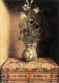 Memling - Jeune homme-priant-et-vase-de-fleurs-revers-1485-90