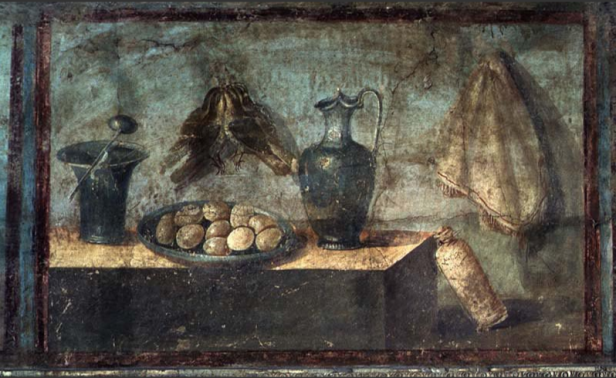 Nature morte avec des œufs et une cruche de lait, peinture murale romaine, Ier siècle. Villa di Giulia Felice, Pompéi, Italie.